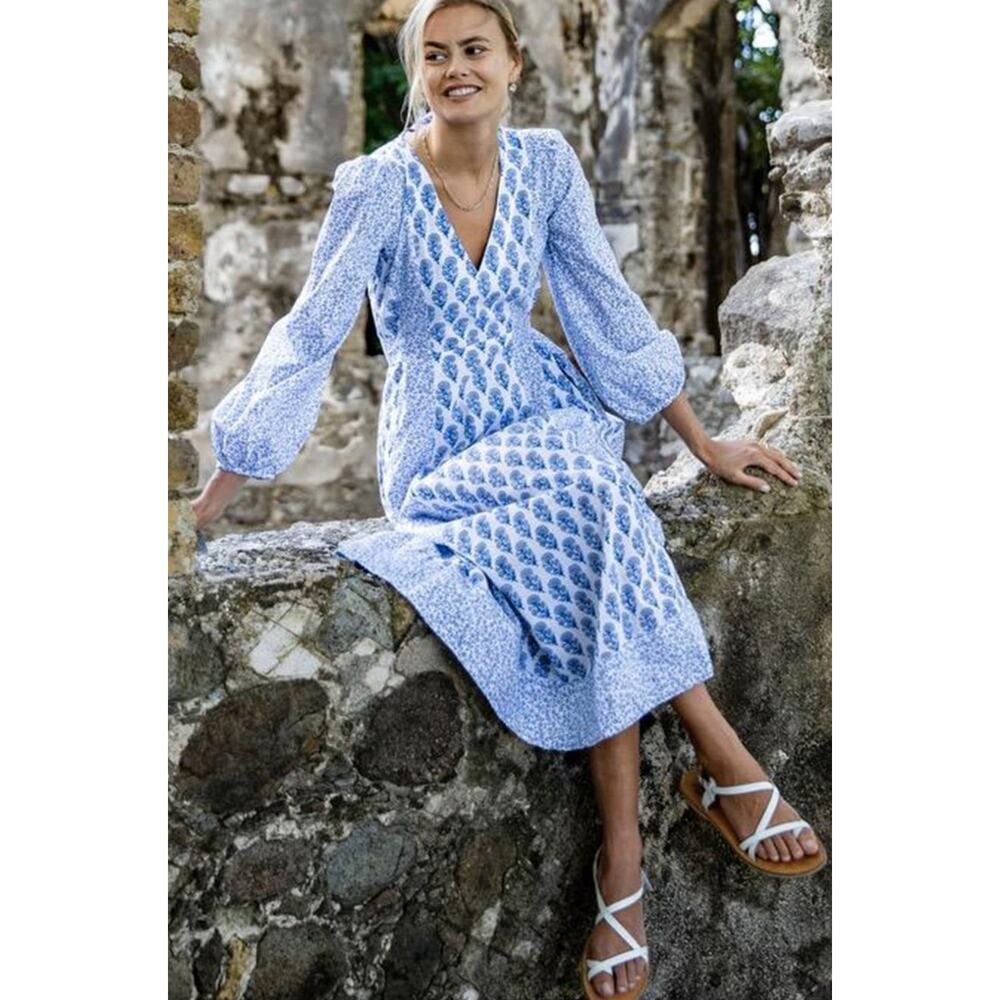 Pink City Prints Tuckernuck Bahama Midi Dress Sky Blossom Blue White Tie Waist L